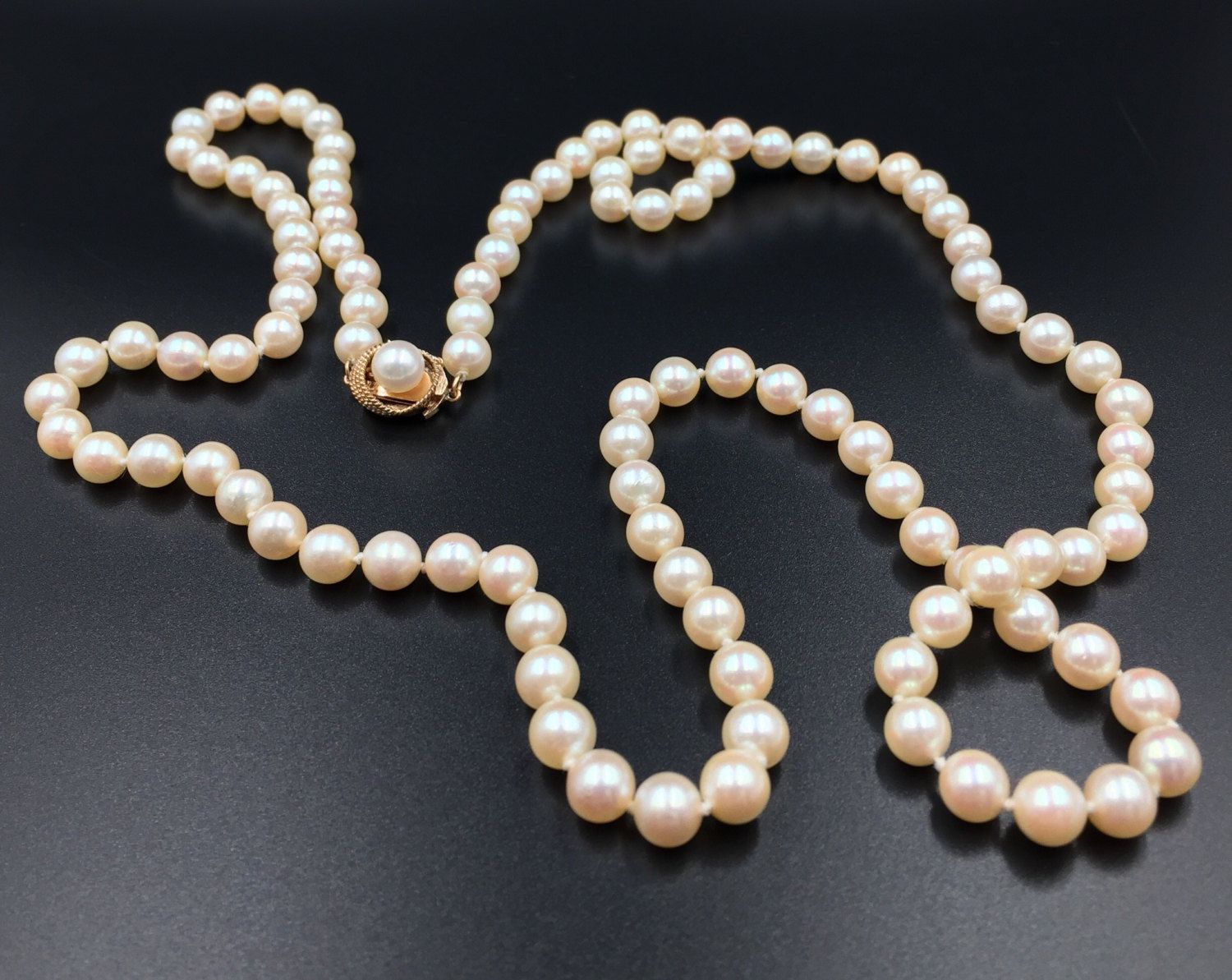 14k Gold Japanese Akoya Cultured Pearl Necklace 65mm 7mm Opera