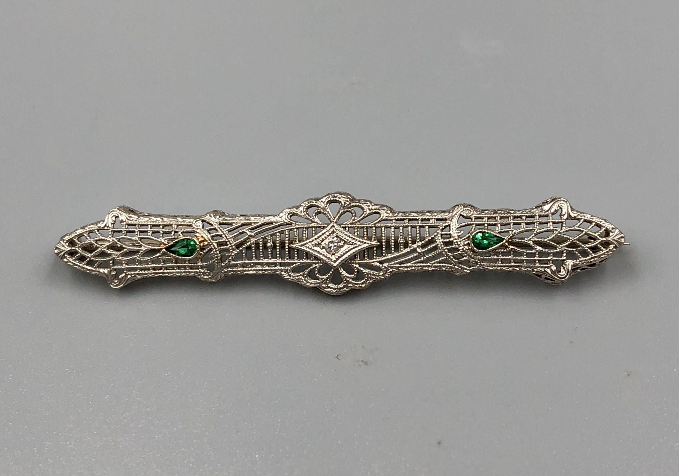 Edwardian 14K White Gold Diamond Filigree Bar Pin - Vintage 1900s Art