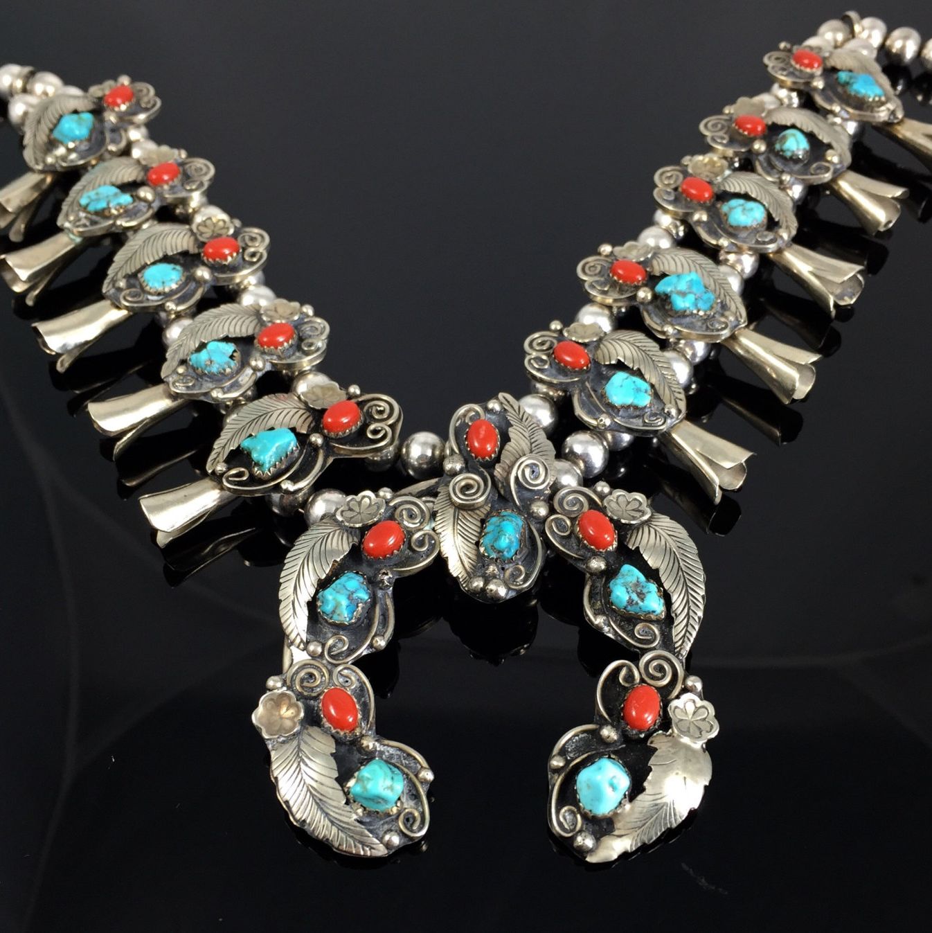 Navajo Sterling Silver Turquoise Coral Squash Blossom Necklace