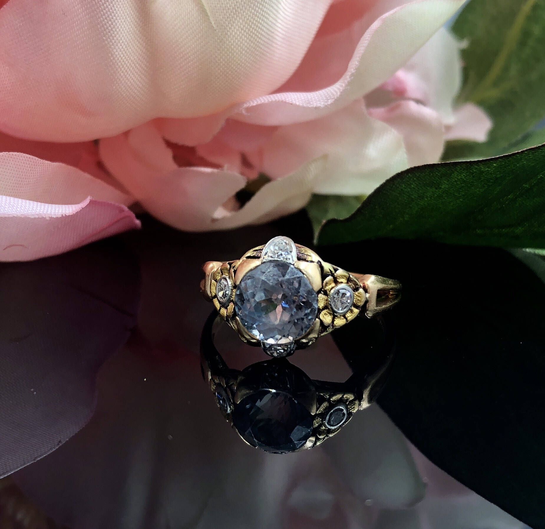 14kt Yellow Gold Flower Ring with Blue Montana Sapphire