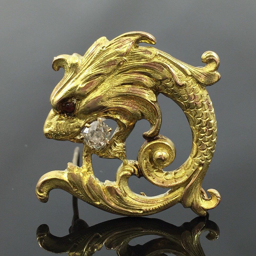 Victorian 14K Yellow Gold Merlion Lapel Watch Brooch Pin 1870