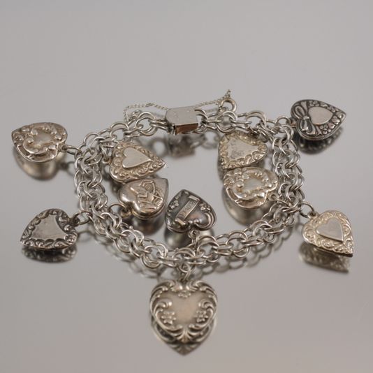 Vintage Sterling Puffy Heart Charm Bracelet