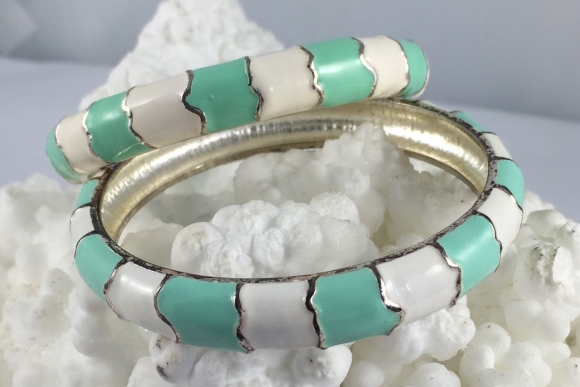 Vintage Pair of Aqua & White Enamel Bangle Bracelets