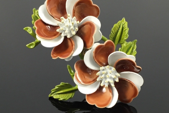 Vintage Brown & White Enamel Double Flower Brooch - 1960s