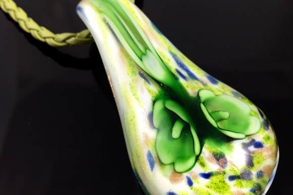 Vintage Venetian Murano Green Glass Pendant - Lampwork Flowers