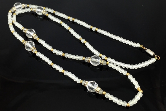 Art Deco Satin Glass Bead, Faceted Clear Glass Bead Necklace