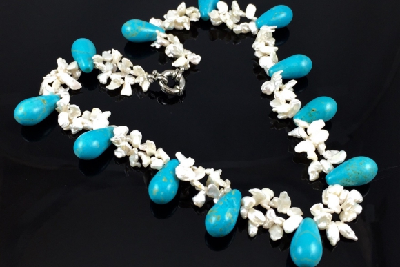 Vintage Turquoise & Fresh Water Pearl, Keshi Pearl Necklace 18"