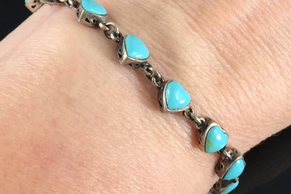 Sterling Silver Turquoise Heart Bracelet - Vintage Sweetheart Bracelet