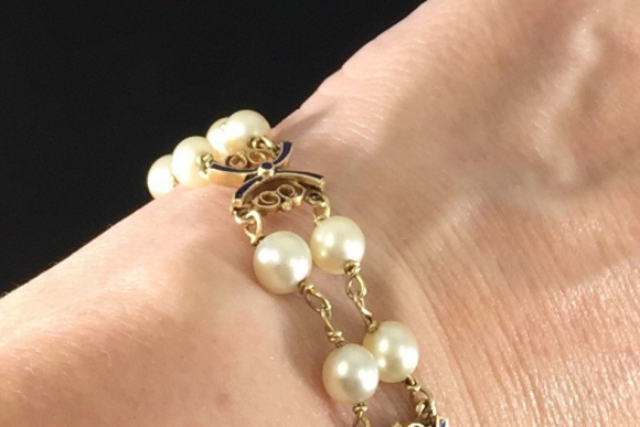 14K Gold Blue Enamel Link Akoya Cultured Pearl Double Strand Bracelet