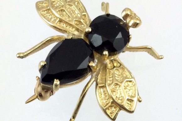 14K Gold Black Onyx Honey Bee Brooch - Vintage Insect Scatter Pin
