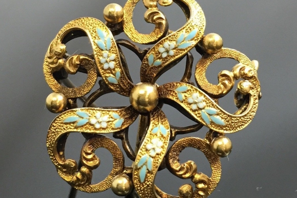Antique 14K Gold Art Nouveau Krementz Enamel Pendant Watch Brooch