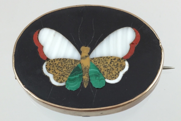 Victorian Pietra Dura Butterfly Brooch - Circa 1870s Gold Filled