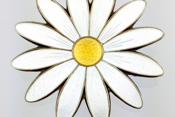 Vintage Aksel Holmsen Enameled Daisy Pin - 1960s Norway Sterling Silver