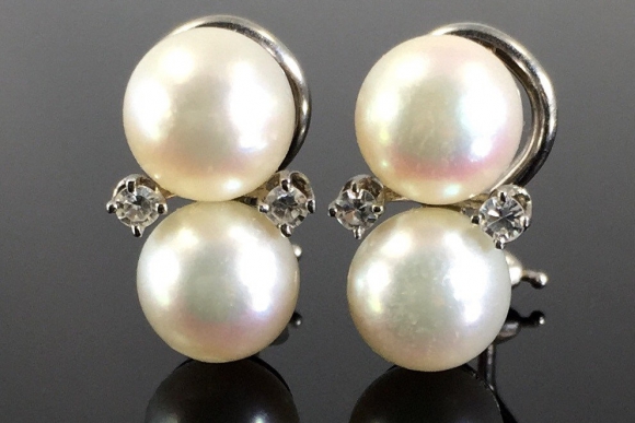 14K White Gold Double Pearl Diamond Pierced Earrings - Vintage 1980s