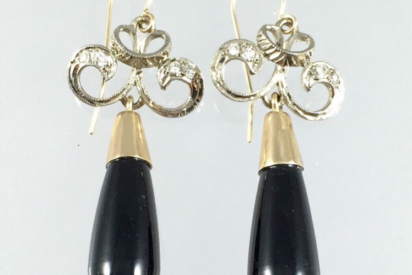 Antique Art Deco Black Onyx & Diamond Dangle Earrings - Vintage 1920s