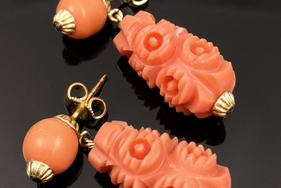 14K Carved Coral Pierced Earrings - 70s Natural Carved Coral