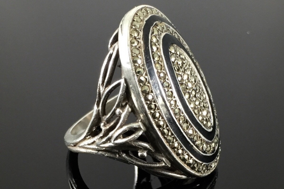 Art Deco Sterling Silver Marcasite Ring - Antique Vintage 20s Oval