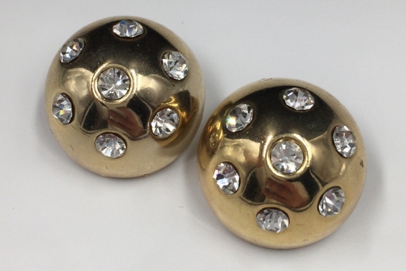 Gold Round Dome Rhinestone Earrings - Vintage 1980s Gold Crystal Clip On Earrings