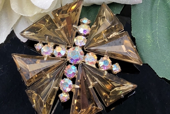 Smoky Topaz Glass Stones Maltese Cross Rhinestone Brooch Pendant