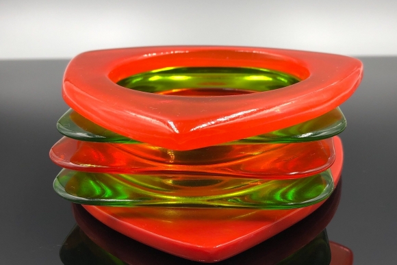 Set of Five Orange Green Lucite Stacking Bangles