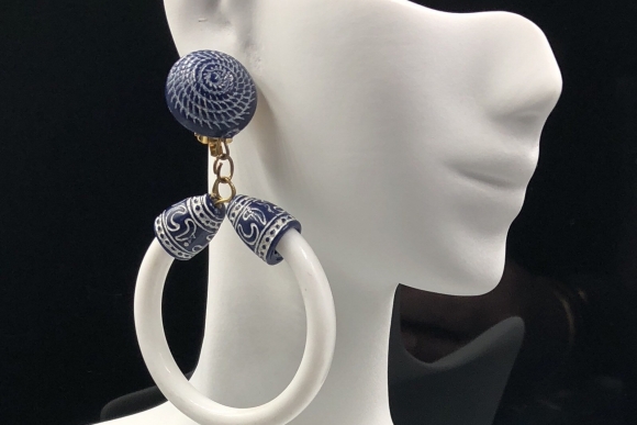 Mod 80s Navy Blue White Hoop Earrings