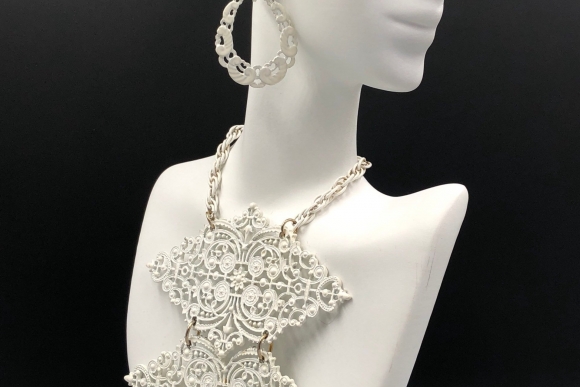 Vintage White Enamel Statement Necklace with Matching Earrings