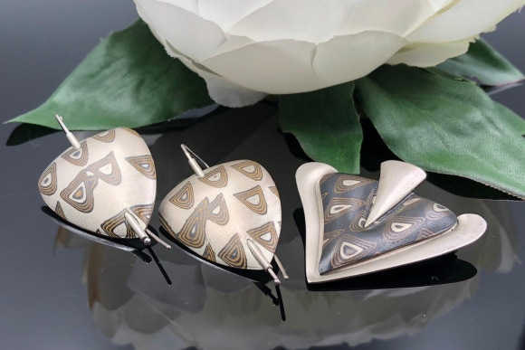 James Binnion Mokume Gane Sterling Silver Brass Copper Earrings and Brooch