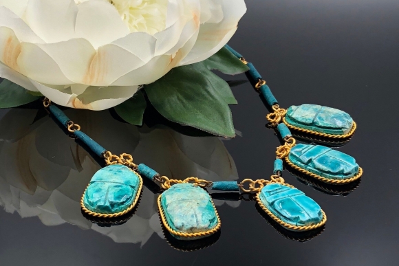 Egyptian Revival Turquoise Faïence Scarab Necklace