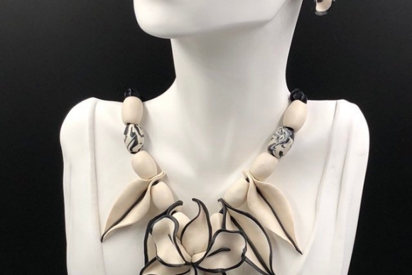 White Black Orchid Necklace Earrings Jewelry Set