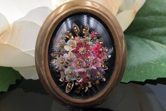 French Convex Bubble Glass Floral Bouquet Brass Brooch