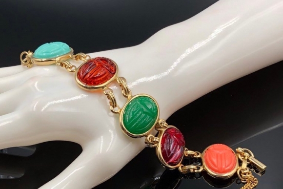 Egyptian Revival Large Scarab Bracelet, Molded Resin Scarabs