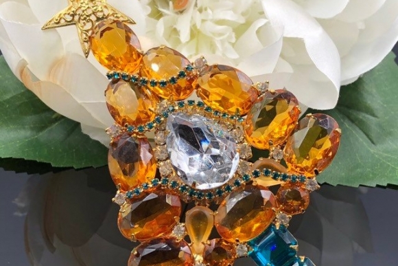 Vintage XL Citrine Orange Blue Zircon Glass Stones Christmas Tree Brooch