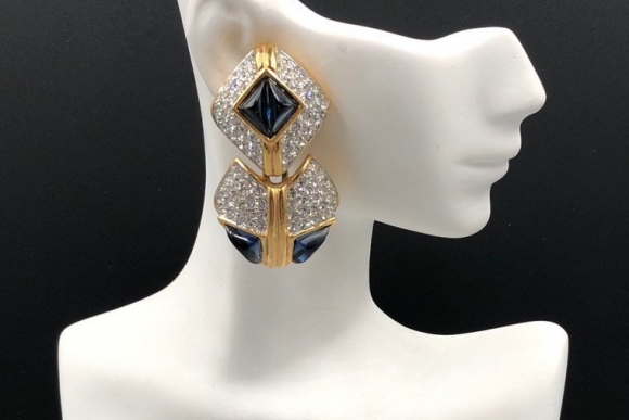 Toplin Weinberg Sapphire Blue Gripoix Glass Diamante Crystals Boutique Earrings