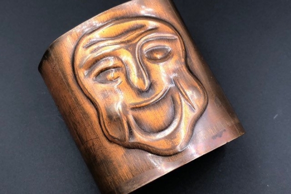 Wide Mid Century Modern Copper Repousse Kabuki Mask Tapered Cuff Bracelet