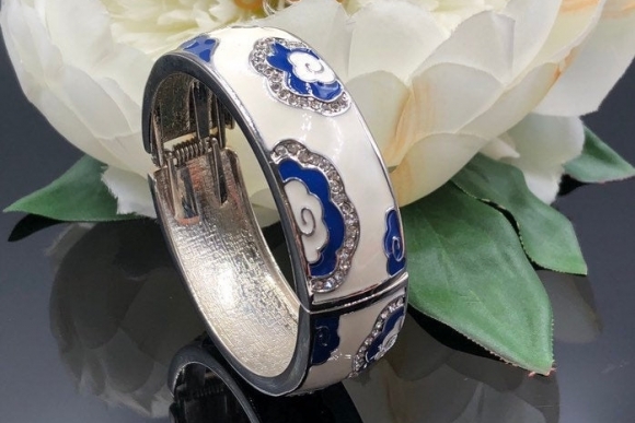 White Blue Enamel Crystal Bangle Bracelet