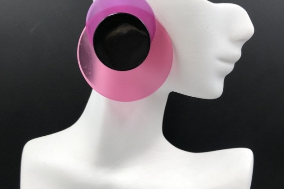 Mod Lucite Statement Earrings, Pink Purple Black Overlapping Circles, Big 80s Earrings