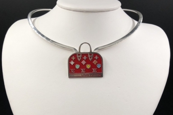 Louis Vuitton Monogram Hand Bag Pendant Necklace, Sterling Silver Red Enamel  Vintage LV Purse Charm