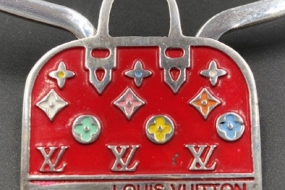 Louis Vuitton Monogram Hand Bag Pendant Necklace, Sterling Silver Red Enamel Vintage LV Purse Charm
