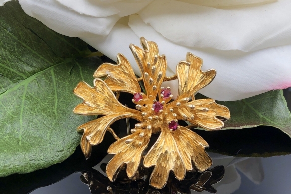Sloan and Co 14K Natural Ruby Floral Brooch, 40th Anniversary Gift