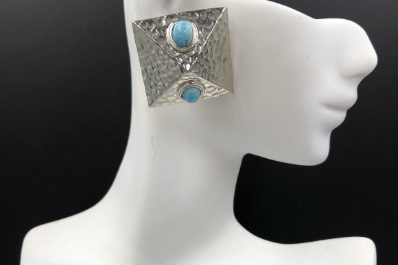 Hammered Silver Pyramid Earrings with Faux Turquoise Cabochons, 1980s Earrings