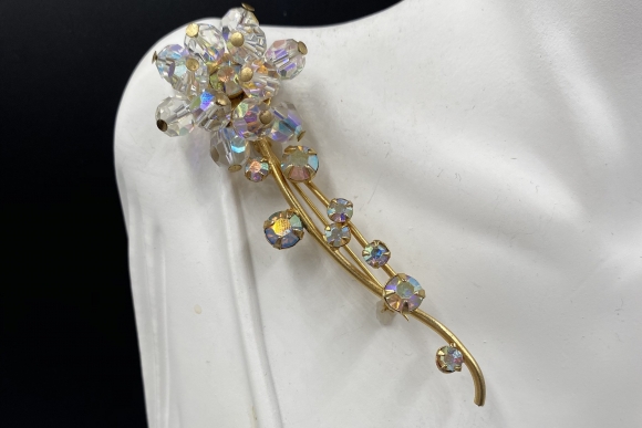 Vintage Aurora Borealis Crystal Bead Flower Spray Brooch