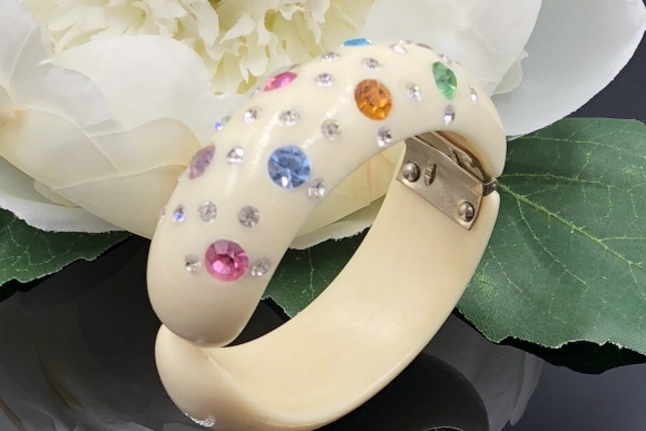 Vintage Pastel Rhinestone Ivory Celluloid Clamper Bracelet, Weiss Style Small Bracelet