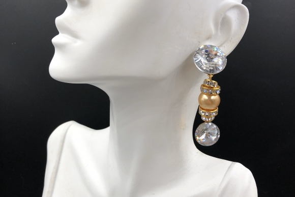 Mistar Bijoux Crystal Rivoli Golden Pearl Dangle Earrings on Original Card, 80s Bling Earrings, Pierced Earrings