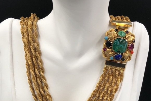 Vintage Gold Multi Strand Statement Necklace, Jeweled Clasp, Side Clasp