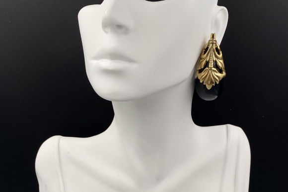 Vintage Couture Style Black Resin Half Hoop Gold Plate Statement Earrings