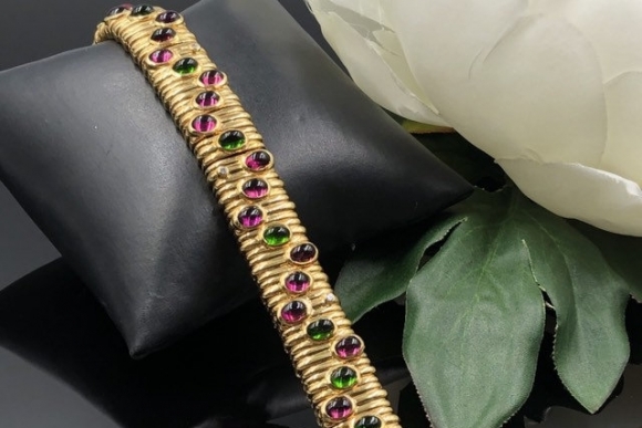 18K Wide Gold Gemstone Bracelet, Pink and Green Tourmaline Cabochons, 38th Anniversary