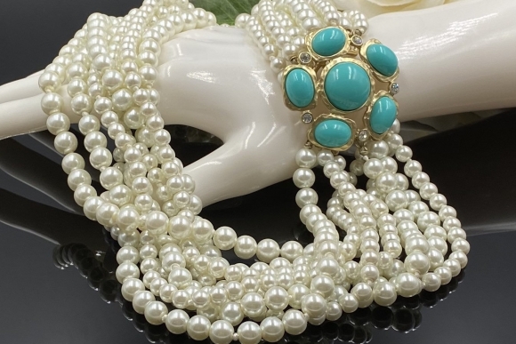 Early Kenneth Lane Multi Strand Pearl Necklace Turquoise Side Clasp, KJL for Saks