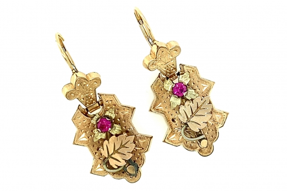 Victorian Rose Gold Ruby Earrings, 14K Ear Wires Gold Filled Dangle Earrings, Lab Created Rubies