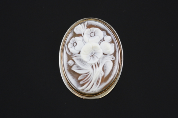 Floral Bouquet Shell Cameo Brooch