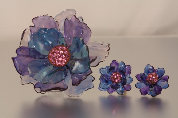 Fabulous Acetate and Rhinestone Flower Brooch and Earrings